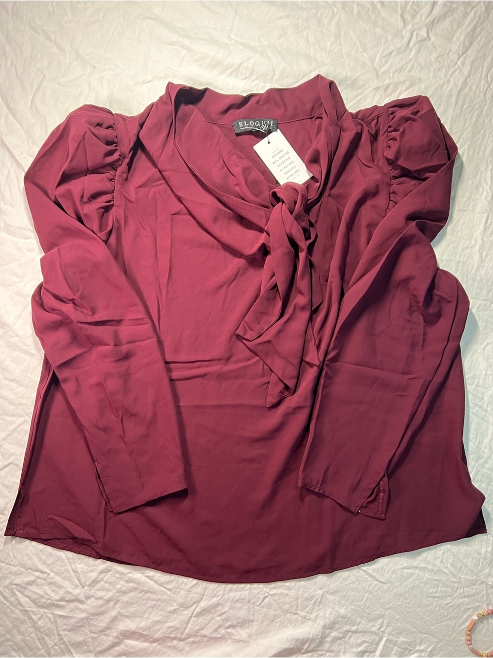 Eloquii Wine Tie-Neck Blouse with Puff Shoulders
